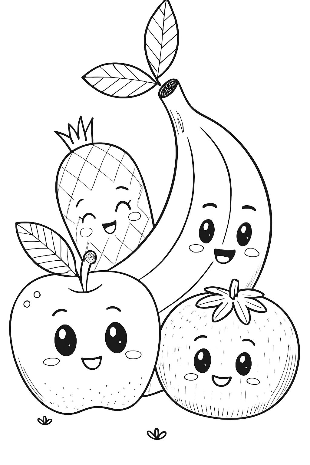 Cute Anthropomorphic Fruits Line Drawing for Coloring Book Pages