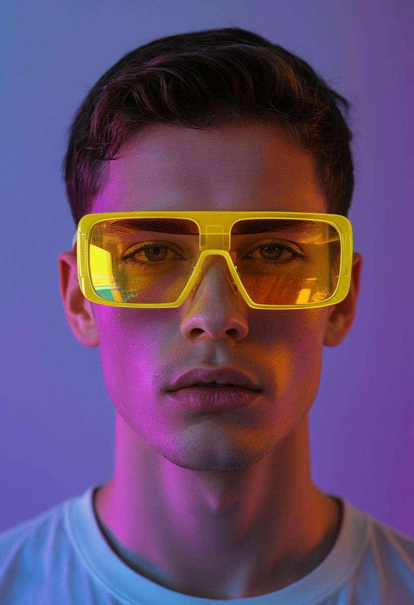 Neon Portrait of a Young Man with Futuristic Yellow Sunglasses Art