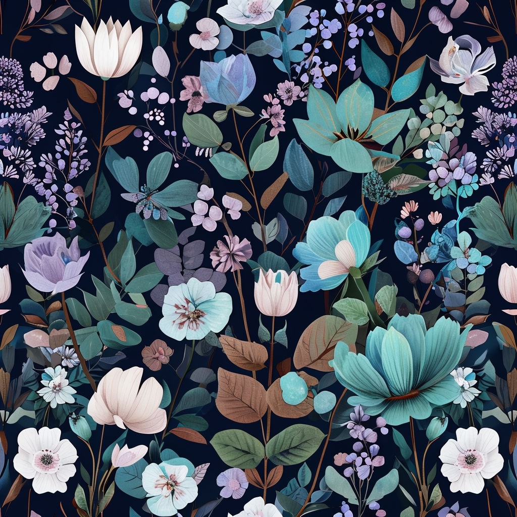 Vibrant Floral Seamless Pattern on Navy Blue Background Seamless Pattern