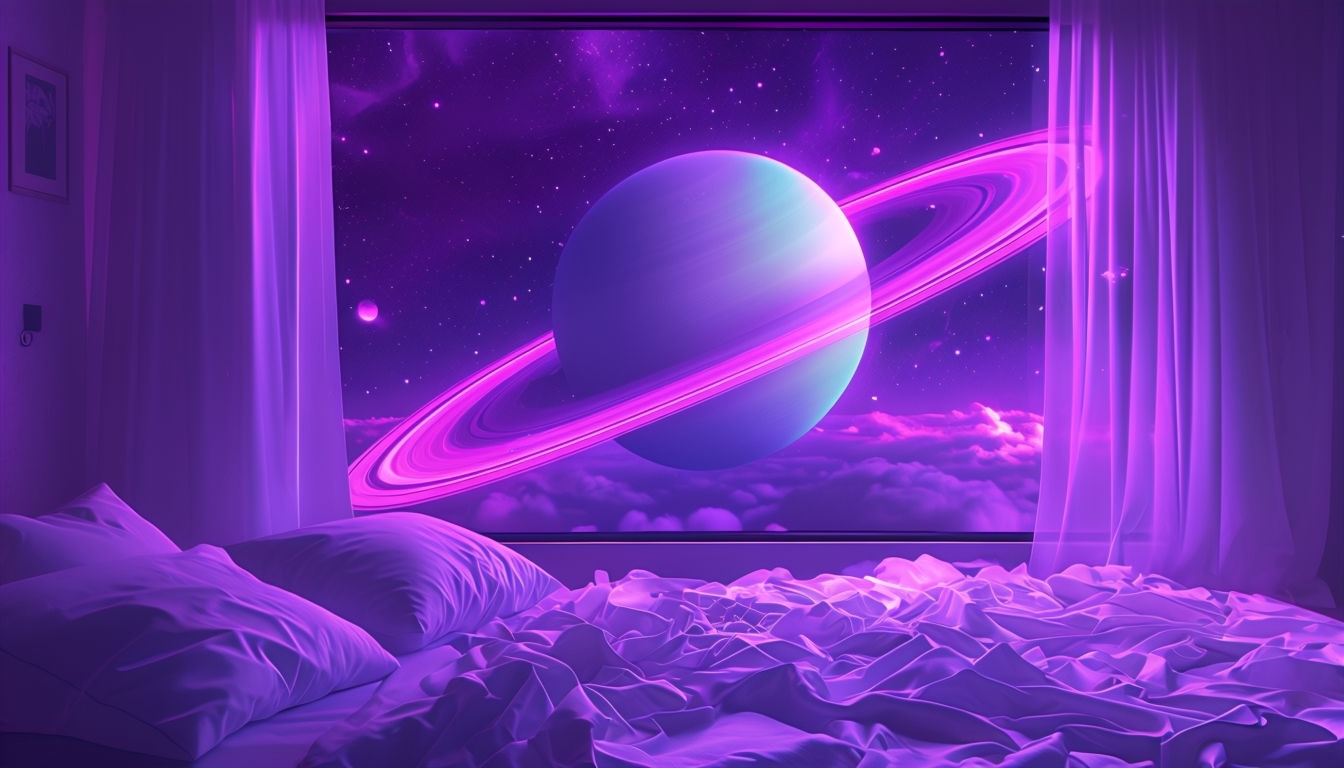 Surreal Neon Bedroom with Cosmic View Virtual Background