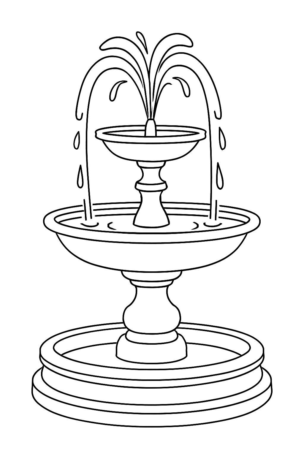 Elegant Two-Tiered Stone Fountain Line Drawing for Relaxation Coloring Book Pages