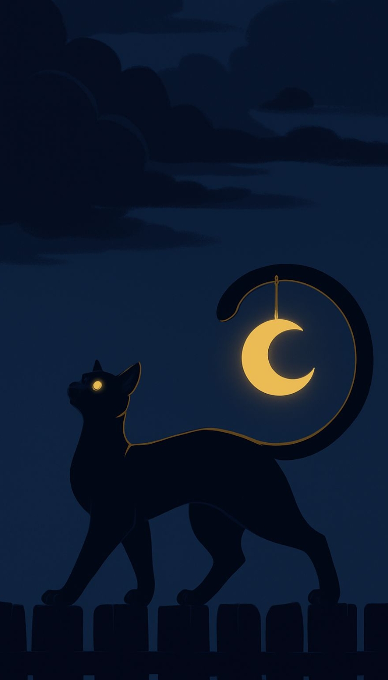 Mysterious Black Cat Walking Under Crescent Moon Mobile Wallpaper