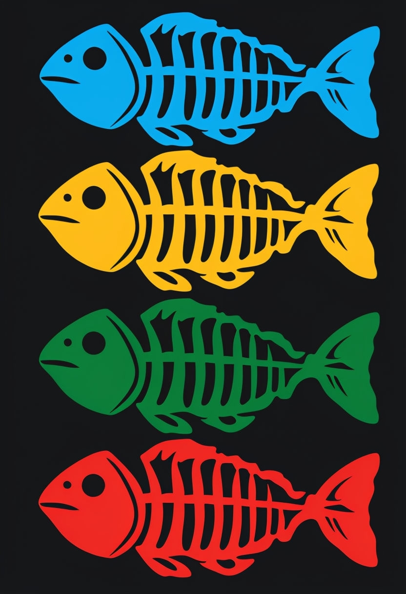 Vibrant Stylized Fishbone Illustration on Black Background Poster
