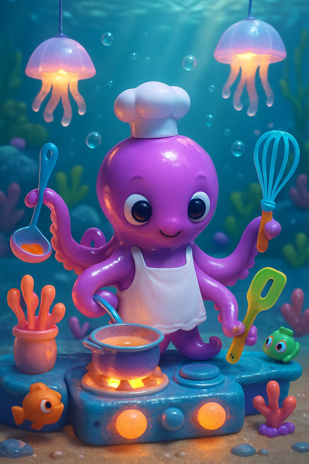 Whimsical Purple Octopus Chef Cooking Underwater Scene Art