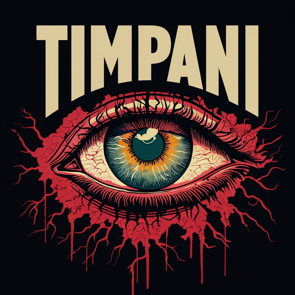 Surrealist Eye Graphic Design with Bold TIMPANI Text Cover Art for Spotify Album Cover