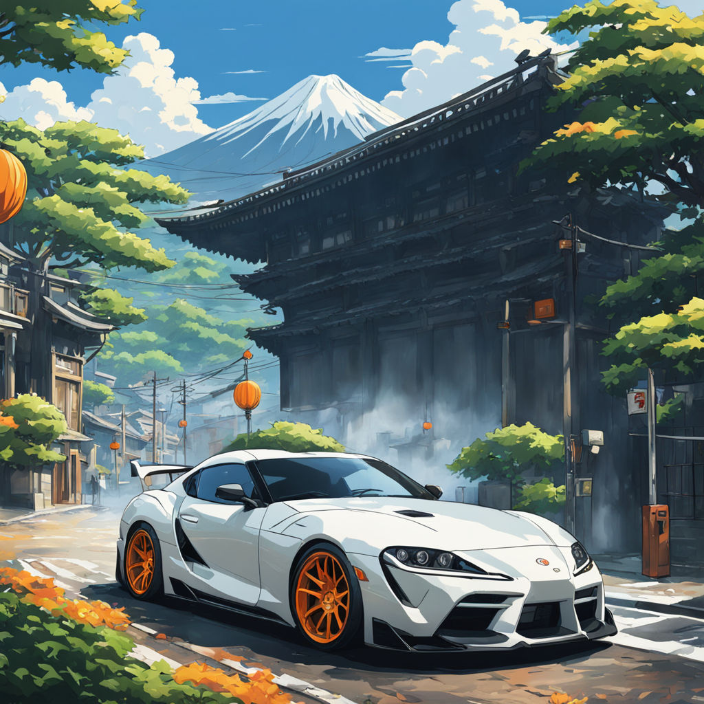 toyota supra with anime style tokyo street background