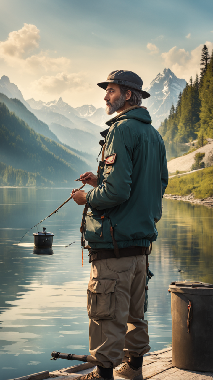 Man Standing By River Fishing Pole Stock Photo 41493733
