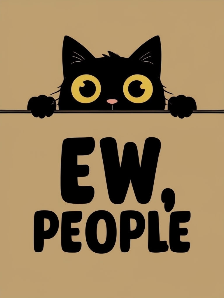 Playful Cartoon Black Cat with EW People Text Poster