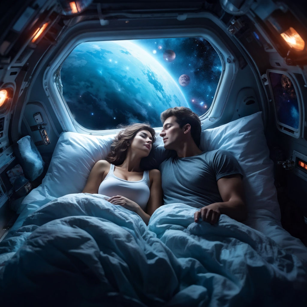 A couple having sex in a spaceship floating above the earth