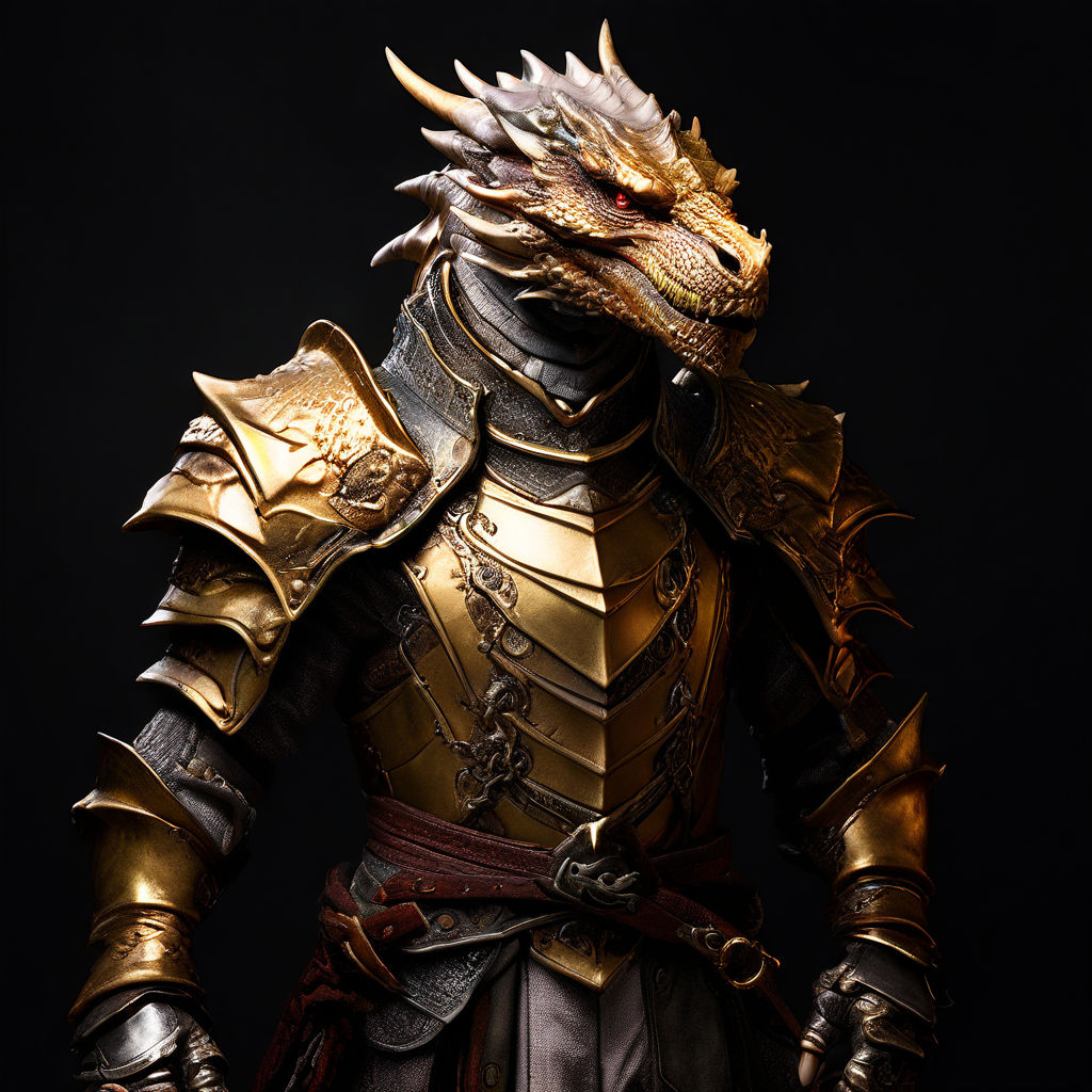 Un personaggio fantasy medievale; a skinny gold dragonborn c... by ...