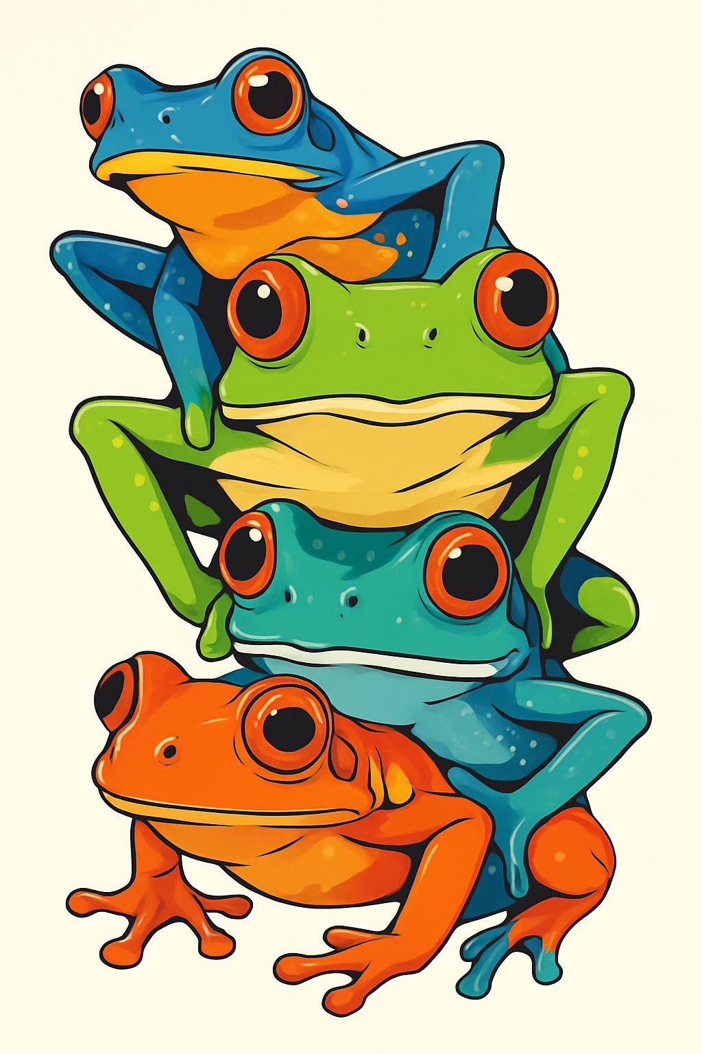 Vibrant Cartoon Frogs Stacked Illustration T-Shirt