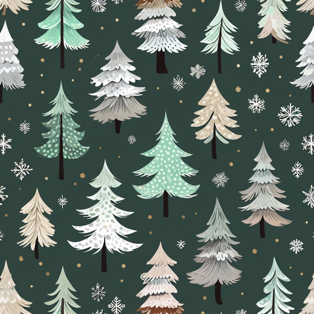 Whimsical Evergreen Trees and Snowflakes Seamless Pattern