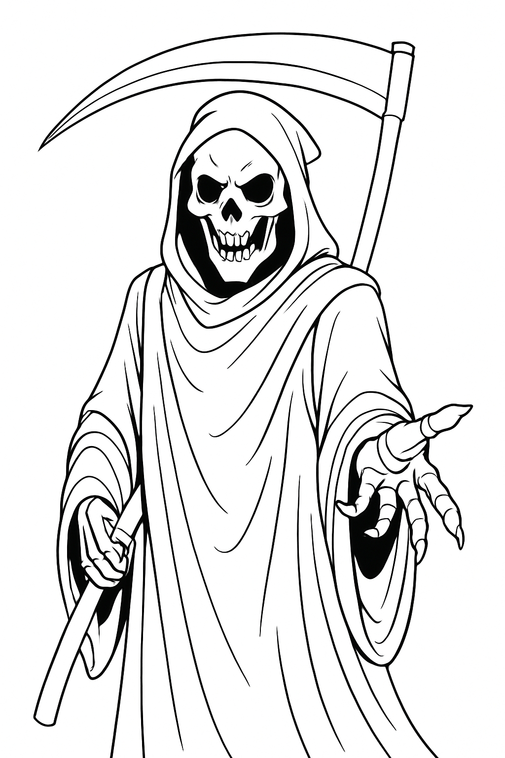 Menacing Black-and-White Grim Reaper Illustration for Coloring Book Pages