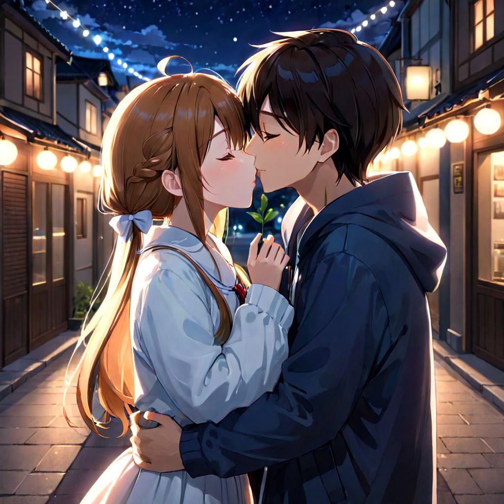 Anime girl and anime boy kissing each auther