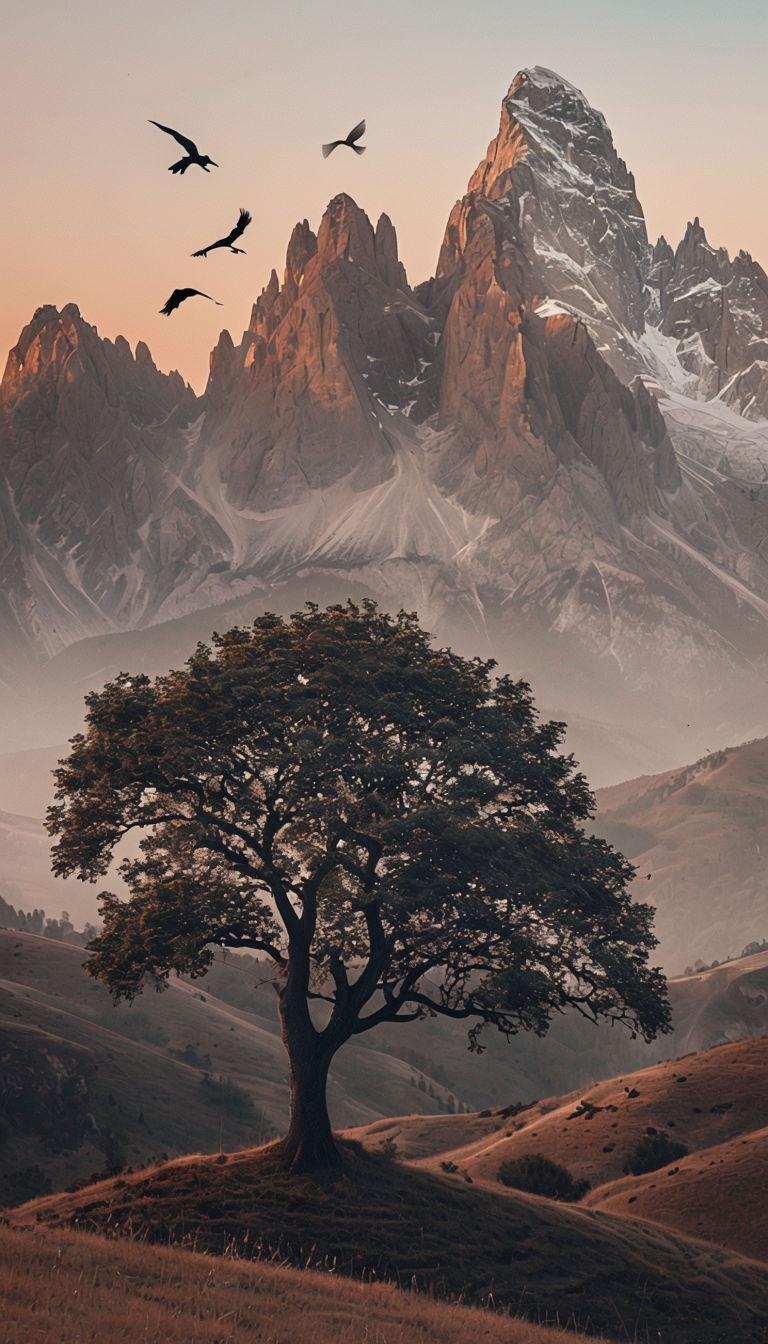 Serene Sunset Landscape with Lone Tree and Majestic Mountains Mobile Wallpaper