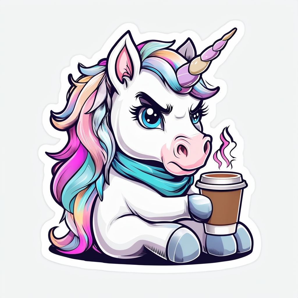 Playful Grumpy Unicorn with Coffee Cup Cartoon Sticker