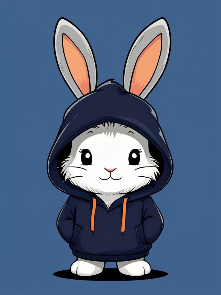 Cute Cartoon Rabbit in Hoodie on Midnight Blue T-Shirt