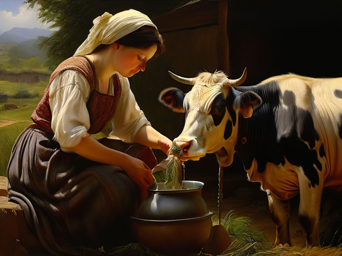 a young beautiful rural women in light short dress is milking a cow