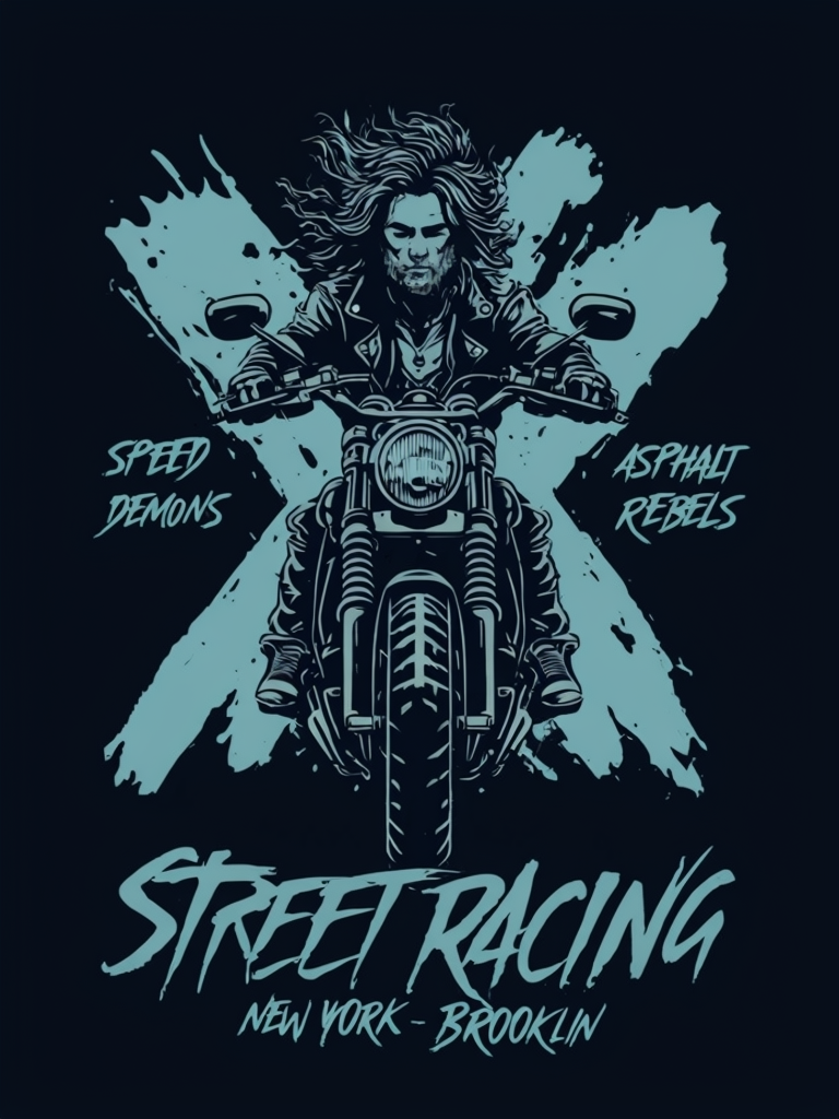 Dark Blue Motorcyclist Street Racing Poster