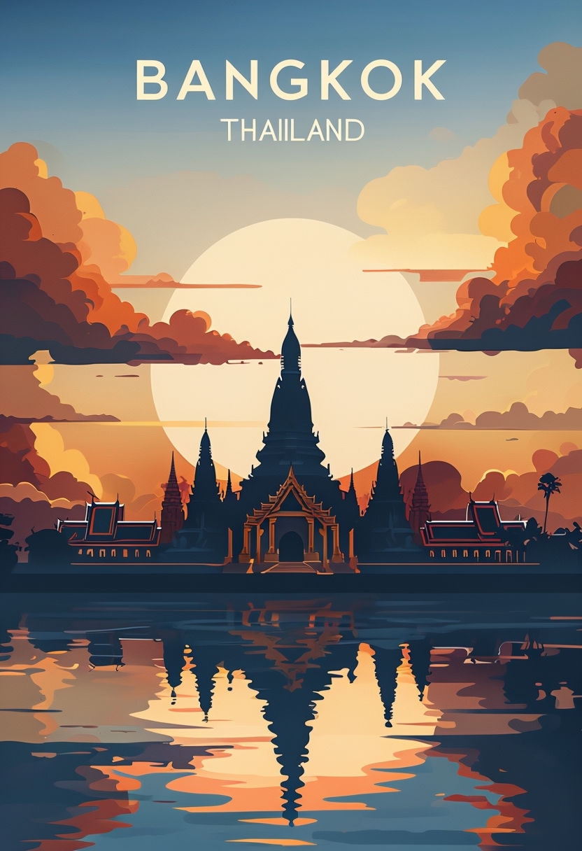 Tranquil Bangkok Sunset with Silhouetted Temples Poster