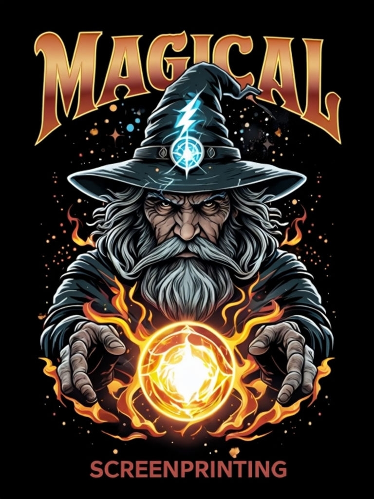 Elderly Wizard with Magical Orb and Lightning Bolt T-Shirt