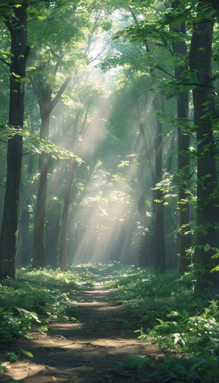 Serene Lush Green Forest with Sunlight Streaming Mobile Wallpaper