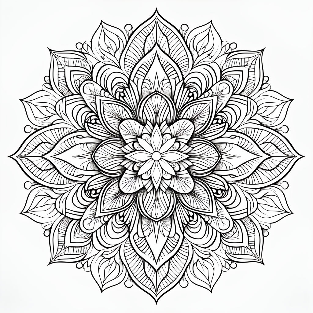 Intricate Black and White Geometric Floral Mandala Coloring Page