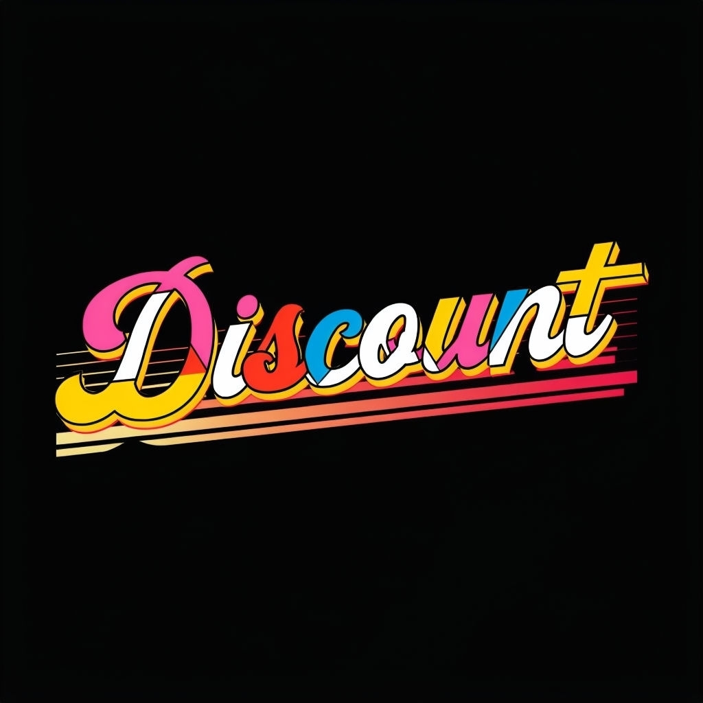 Vibrant 'Discount' Typography Design on Black Background T-shirt