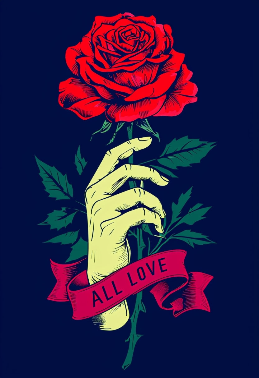 Vibrant Red Rose with Hands and 'All Love' Ribbon T-Shirt