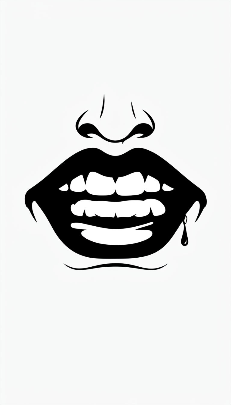 Bold Black and White Cartoon Mouth with Mustache Illustration Mobile Wallpaper