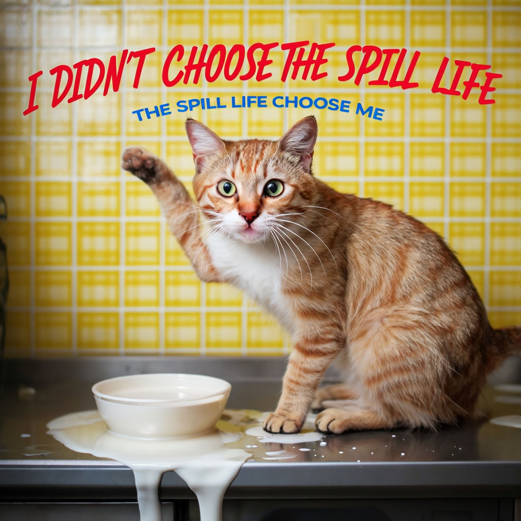 Mischievous Tabby Cat Spilled Milk Humor Meme Poster