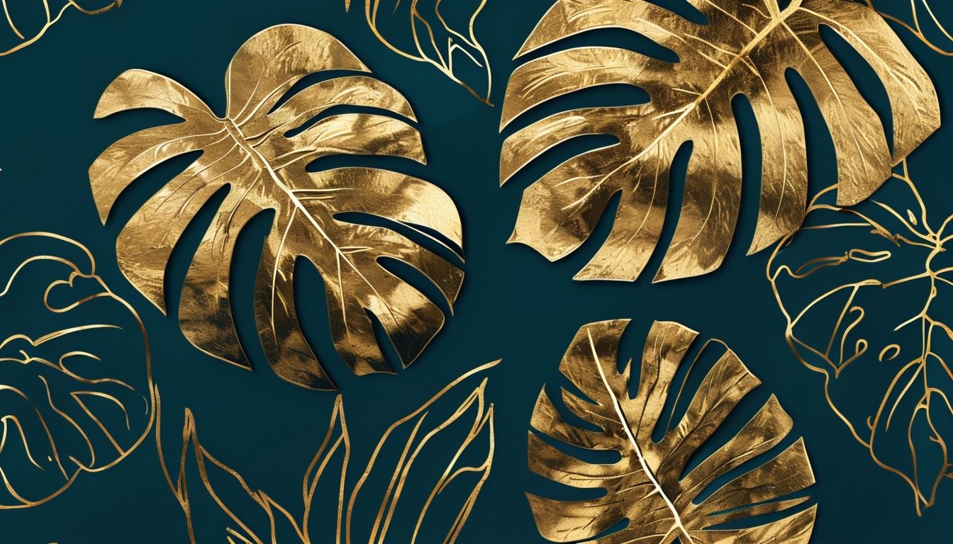 Elegant Gold Monstera Leaves Digital Illustration Background