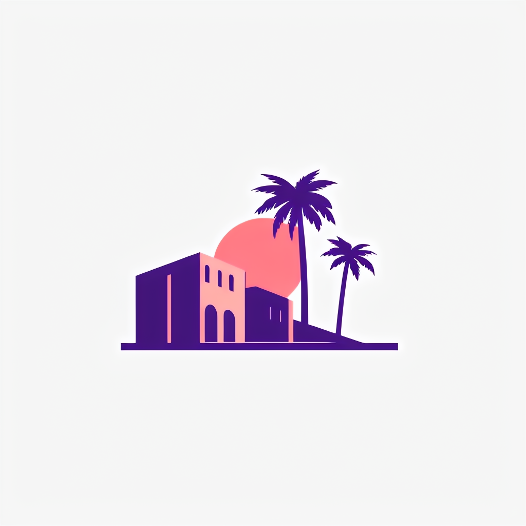 Purple Modern Building Palm Trees Sun Logo