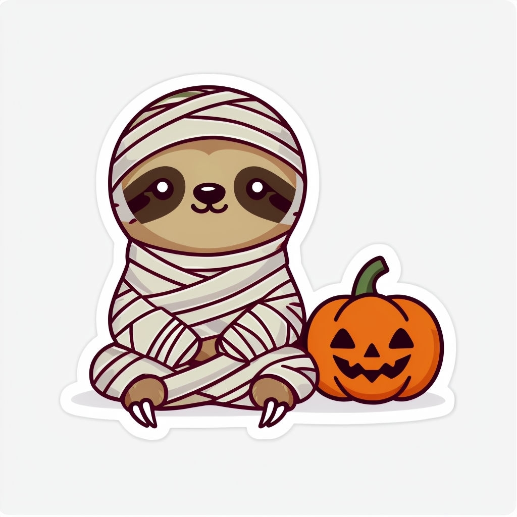 Cute Cartoon Mummy Sloth with Pumpkin Halloween Sticker