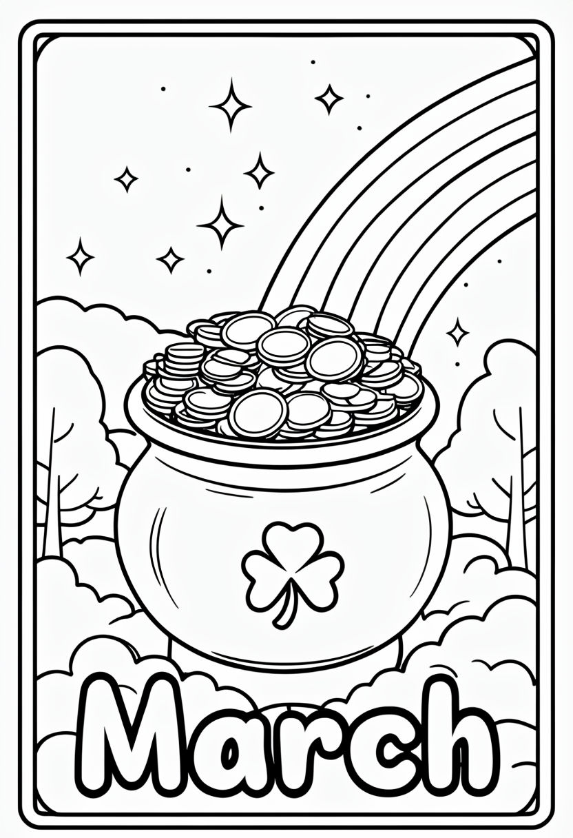 Festive March Pot of Gold with Rainbow and Stars Coloring Page