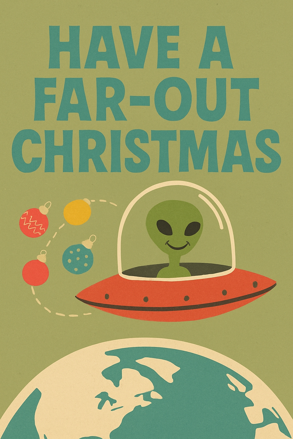 Playful Retro Christmas Greeting with Alien and UFO Illustration Card