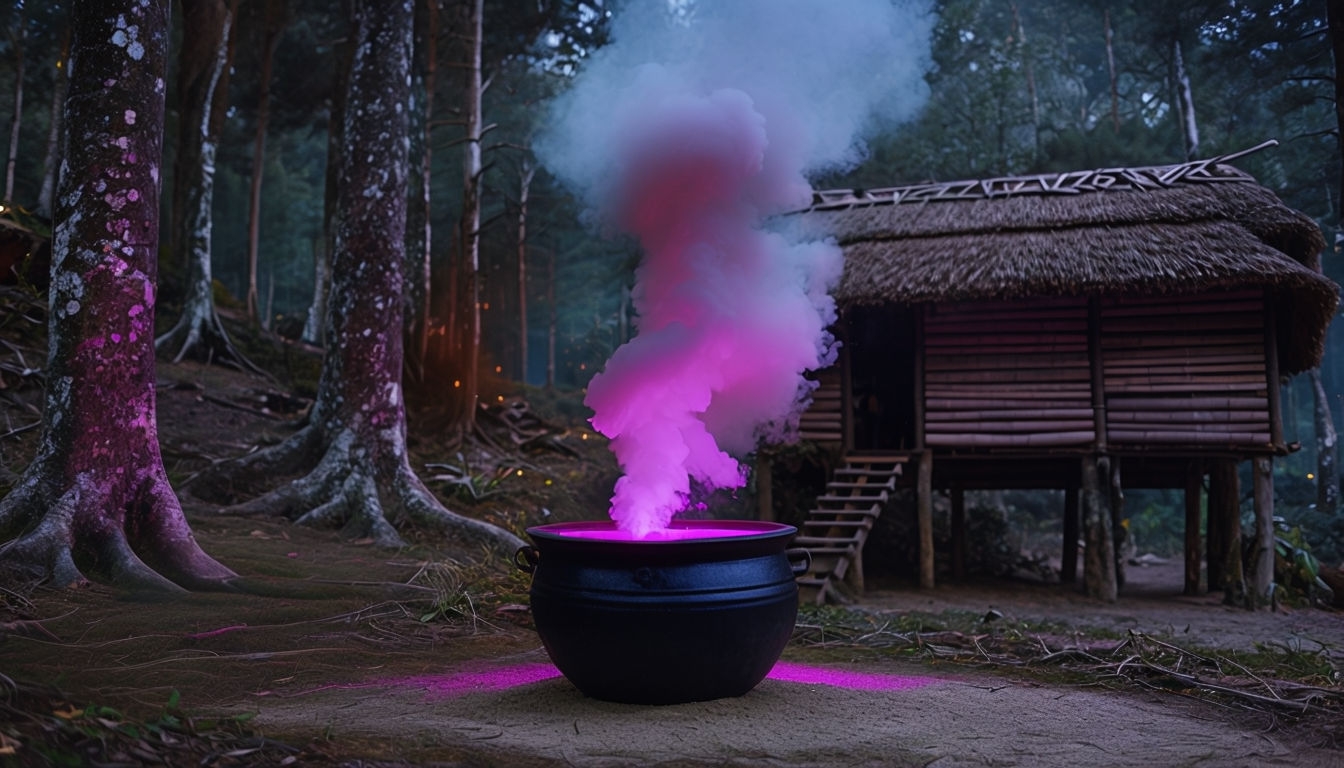 Mysterious Forest Scene with Glowing Pot and Thatched Hut Virtual Background