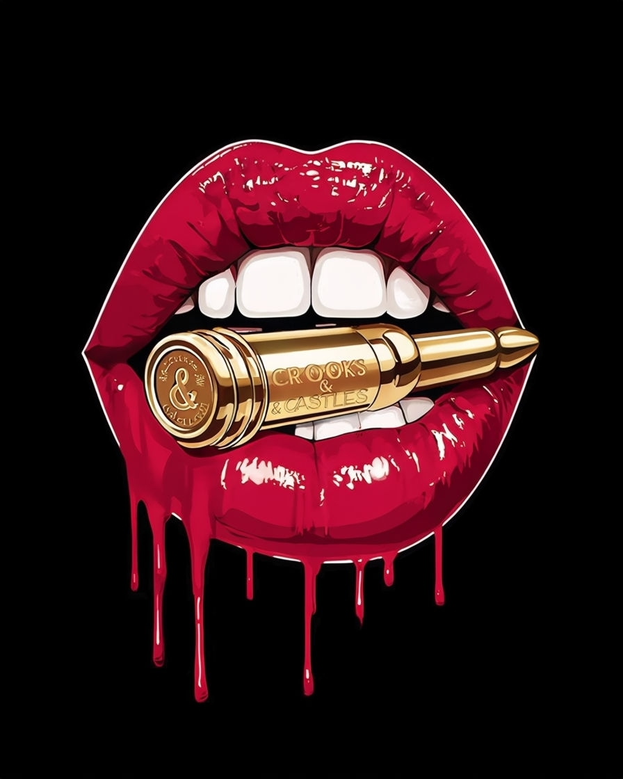 Vibrant Crimson Red Lips with Golden Bullet T-Shirt