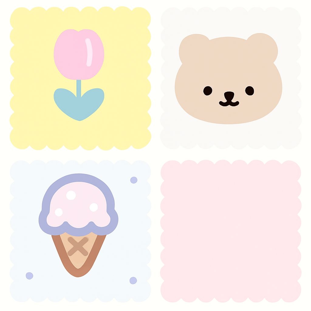 Pastel Scalloped Squares with Cute Illustrations Seamless Pattern