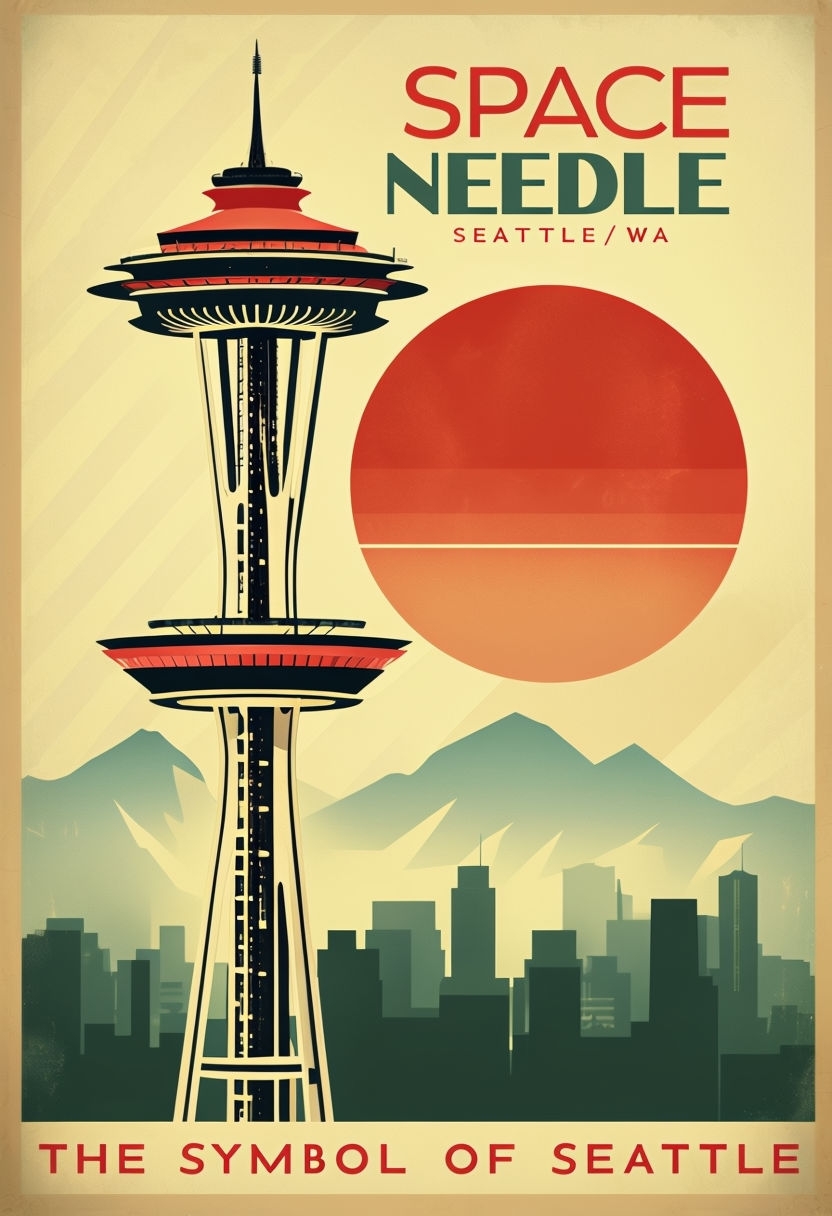 Vintage Space Needle Travel Poster with Scenic Seattle Background