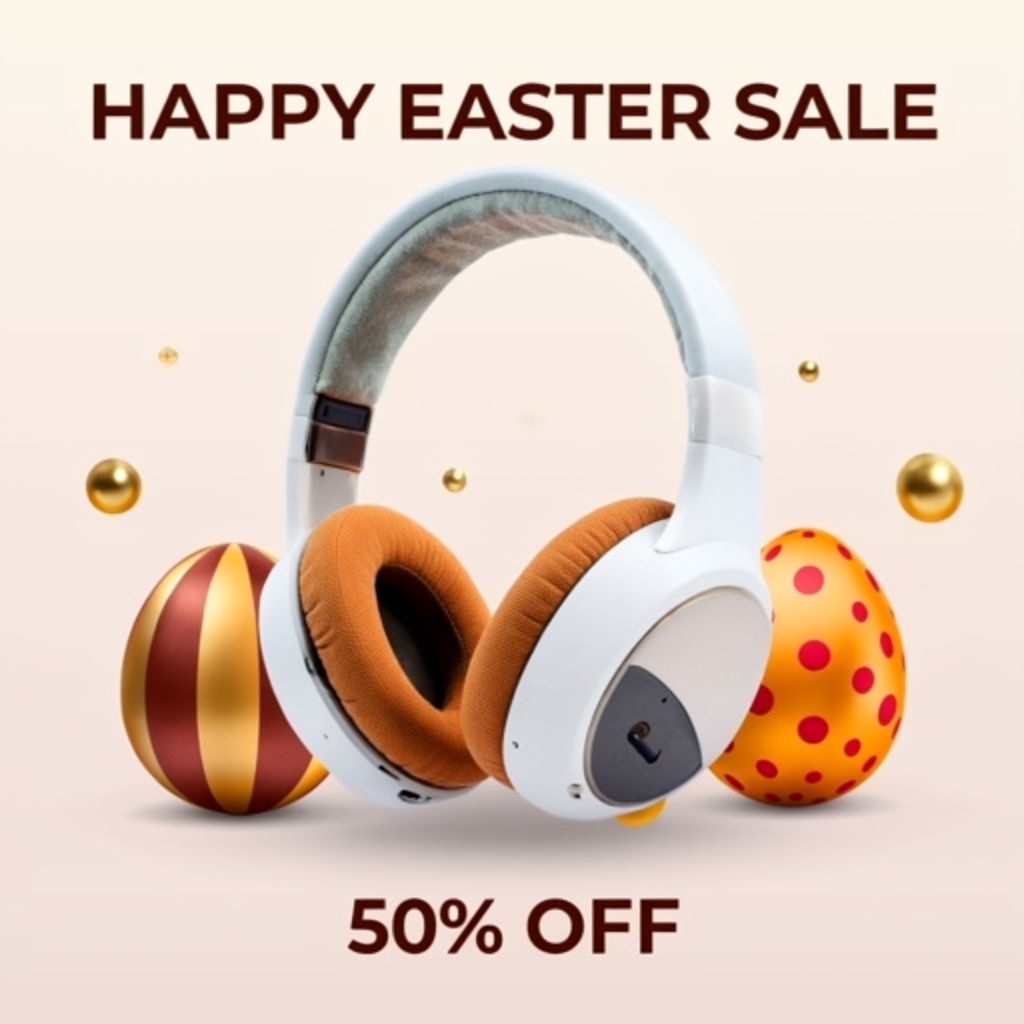 Happy Easter Sale on Wireless Headphones with Festive Decor Social Media Post