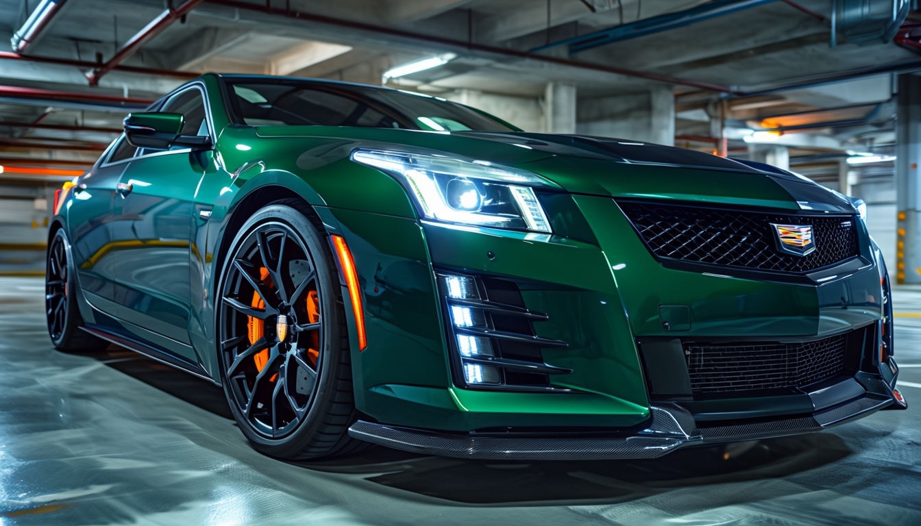 Sleek Forest Green Cadillac in Industrial Parking Garage Virtual Background