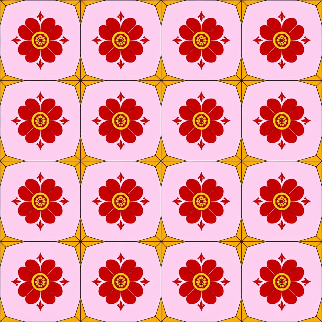 Vibrant Crimson Flowers and Golden Stars Seamless Pattern