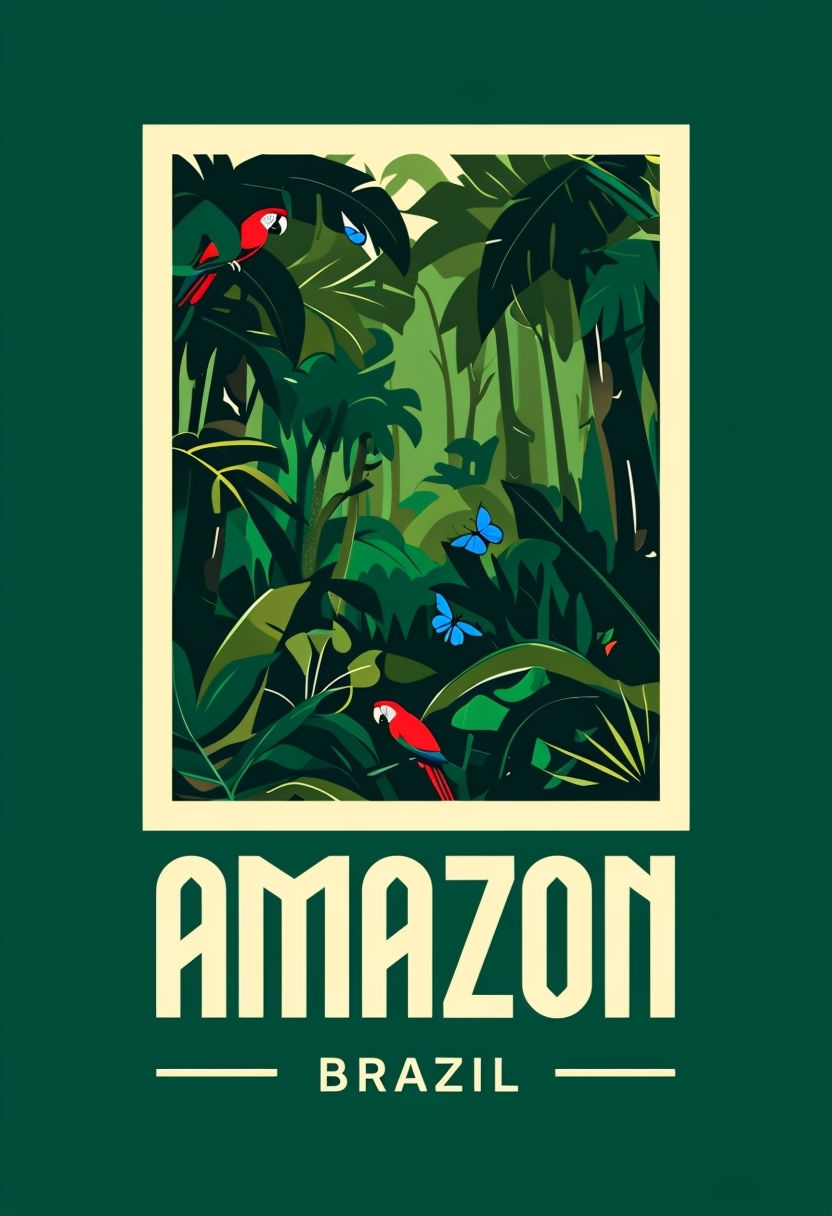 Vibrant Amazon Rainforest Graphic Poster with Wildlife Elements