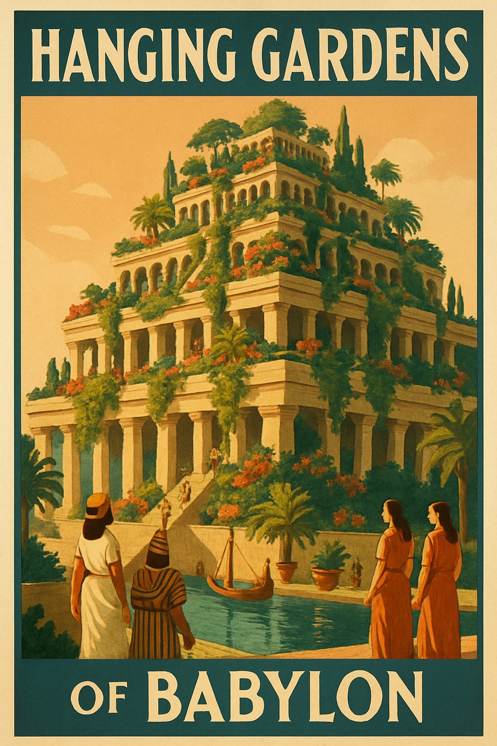 Vintage Hanging Gardens of Babylon Illustration Poster