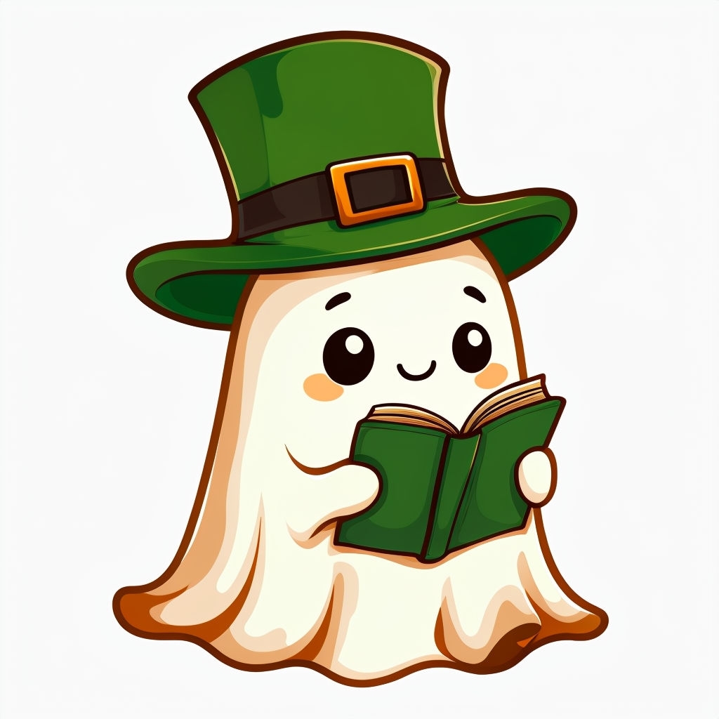 Cute Cartoon Ghost with St. Patrick’s Hat Reading a Book Mug
