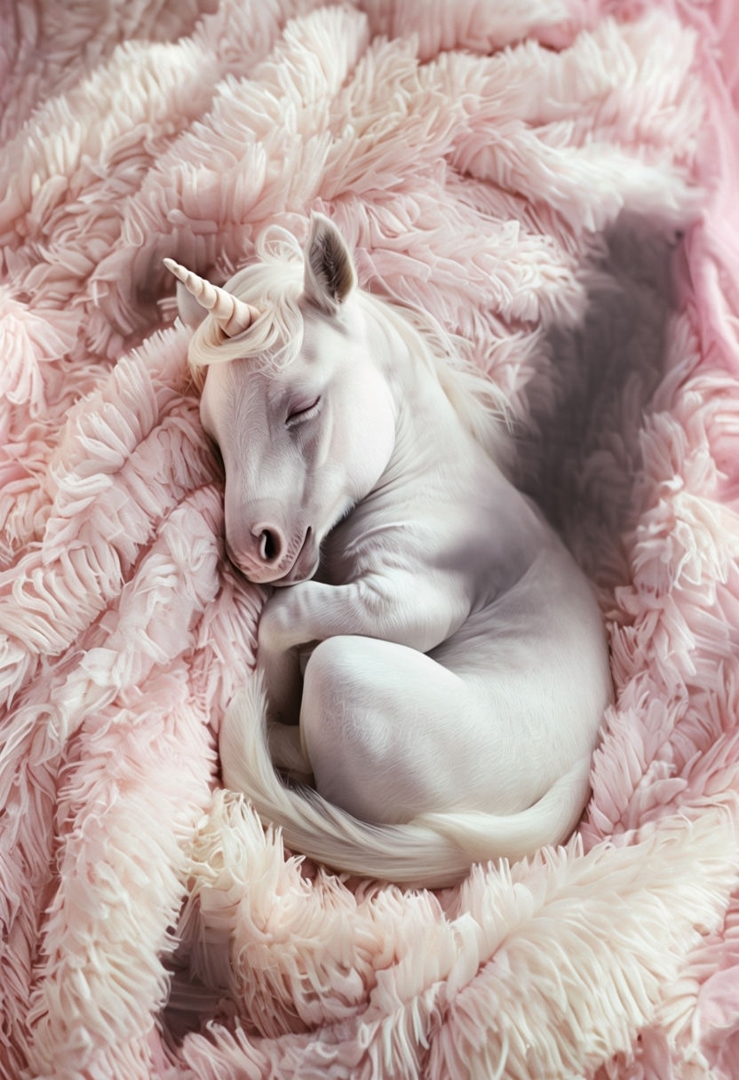 Serene White Baby Unicorn Sleeping on Pastel Pink Blanket Poster