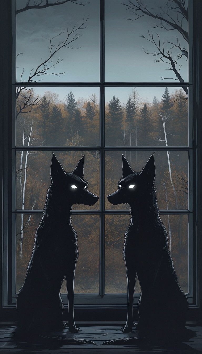 Eerie Black Dogs Silhouette with Autumn Landscape Mobile Wallpaper