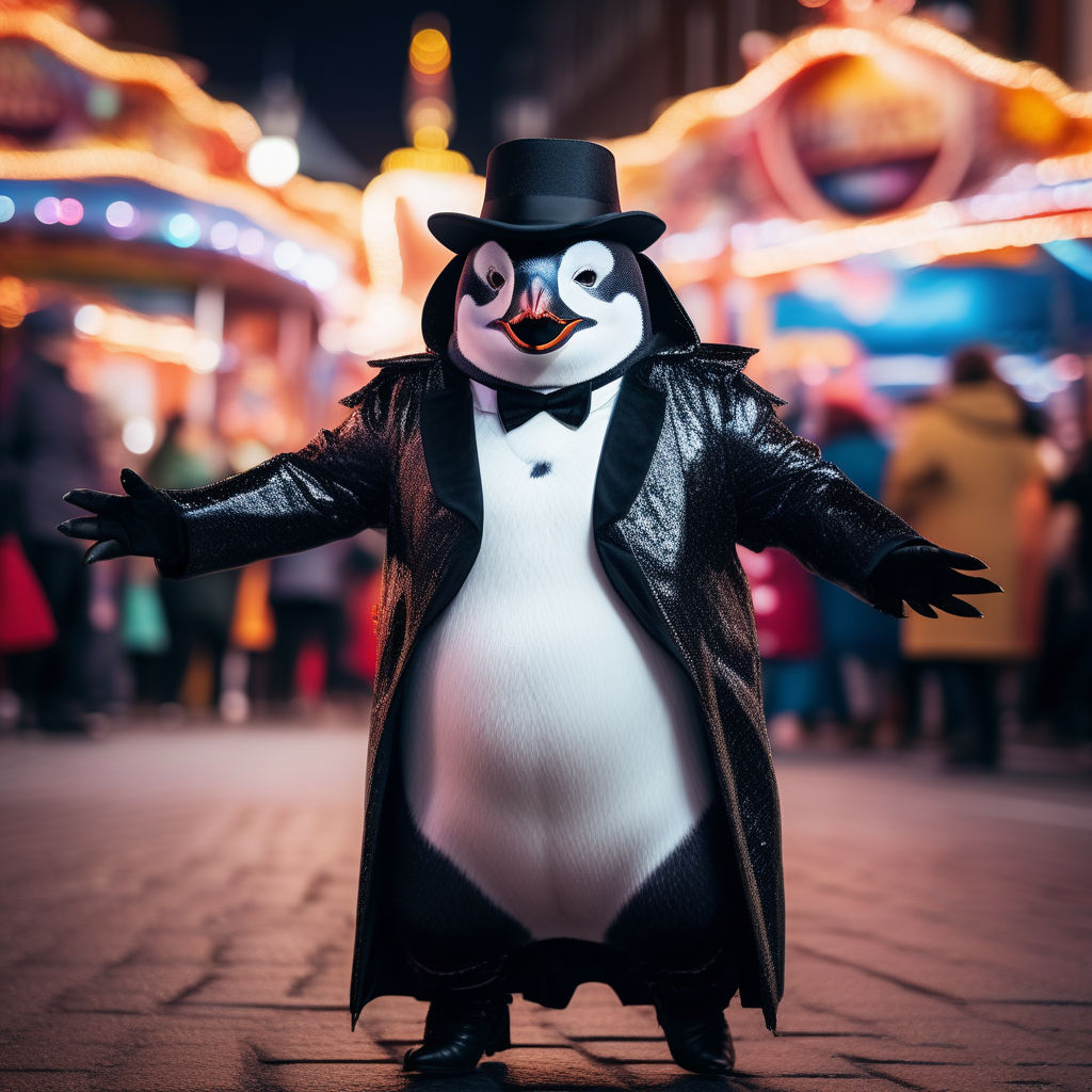 A dancing man dressed as a penguin at carnival by Stephanie Wittmann ...