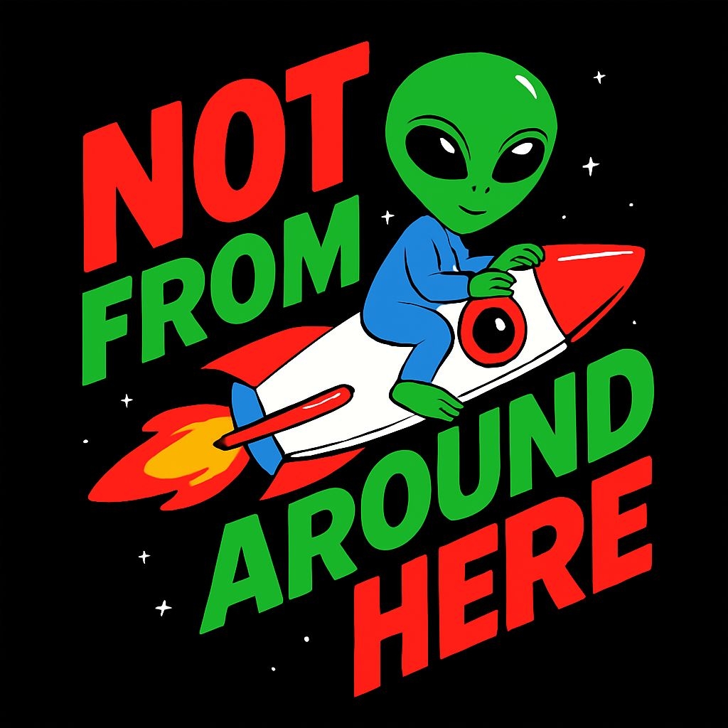 Friendly Green Alien Riding Rocket Cartoon T-Shirt
